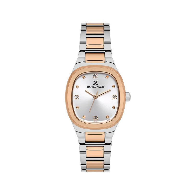 Daniel Klein DK113955-6 women's two-tone quartz watch with cushion-shaped case, silver sunray dial with crystal markers, and rose gold stainless steel bracelet