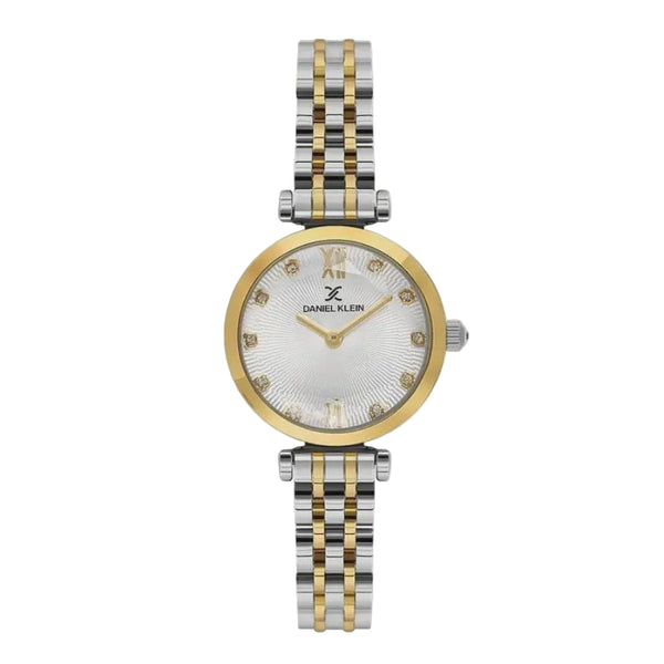 Daniel Klein DK1.114094-3 ladies quartz watch with two-tone gold and silver stainless steel bracelet, 30mm round case, and silver sunray dial with crystal hour markers