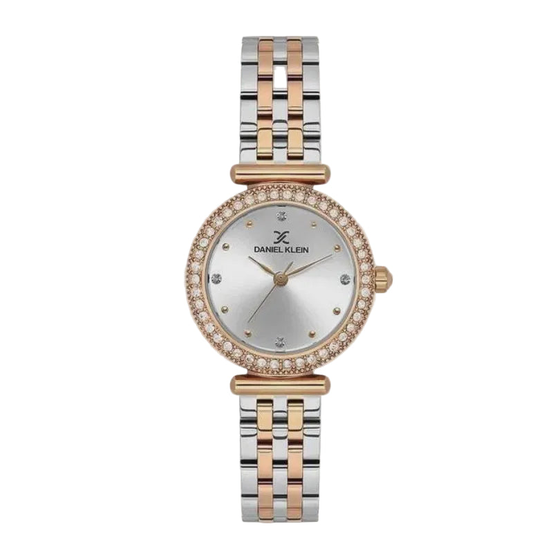 Daniel Klein ladies two-tone watch with crystal-set bezel, silver dial, and stainless steel rose gold bracelet DK1.13948-6