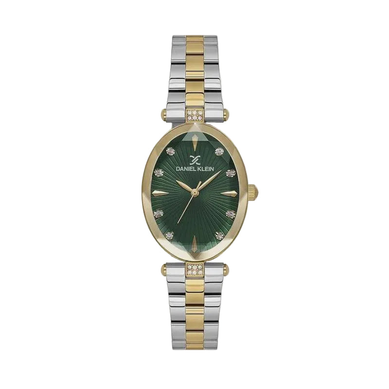Daniel Klein DK.1.13954-4 ladies quartz watch with green sunray dial, oval two-tone stainless steel case, and crystal hour markers