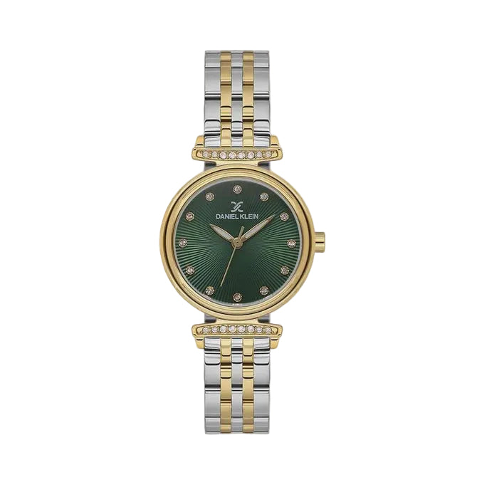 Daniel Klein DK113958-4 ladies quartz watch with green sunray dial, stone-set hour markers, and two-tone stainless steel bracelet