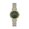 Daniel Klein DK113958-4 ladies quartz watch with green sunray dial, stone-set hour markers, and two-tone stainless steel bracelet