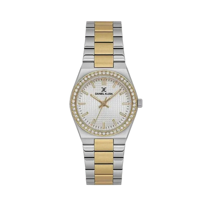 Daniel Klein DK.1.13949-4 ladies two-tone quartz watch with crystal-set bezel and textured silver dial on stainless steel bracelet