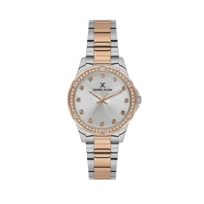 Daniel Klein DK113951-6 women's quartz watch with silver sunray dial, rose gold and steel two-tone bracelet, and crystal-set bezel on white background