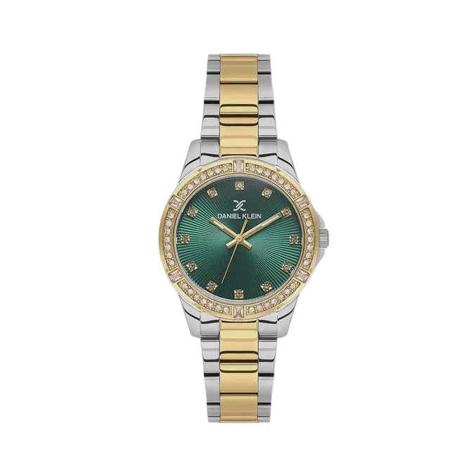 Daniel Klein DK113951-5 ladies quartz watch with green sunray dial, crystal-set bezel, and two-tone stainless steel bracelet