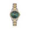 Daniel Klein DK113951-5 ladies quartz watch with green sunray dial, crystal-set bezel, and two-tone stainless steel bracelet