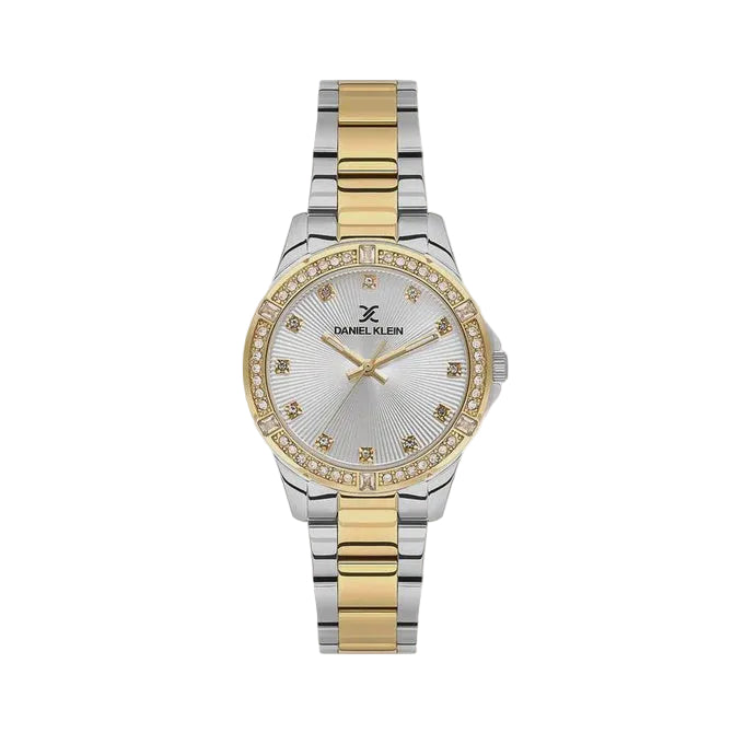 Daniel Klein DK113951-4 two-tone stainless steel quartz watch with crystal-set bezel and silver sunray dial for women