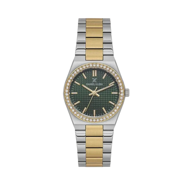 Daniel Klein DK113949-5 two-tone stainless steel watch with green textured dial and crystal-set bezel