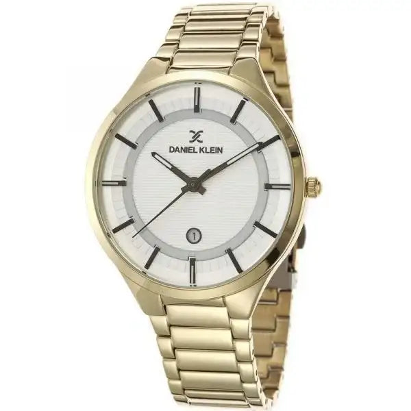 Daniel Klein DK112447-5 gents quartz watch with 42mm gold-tone stainless steel case, textured silver dial, date window and matching bracelet