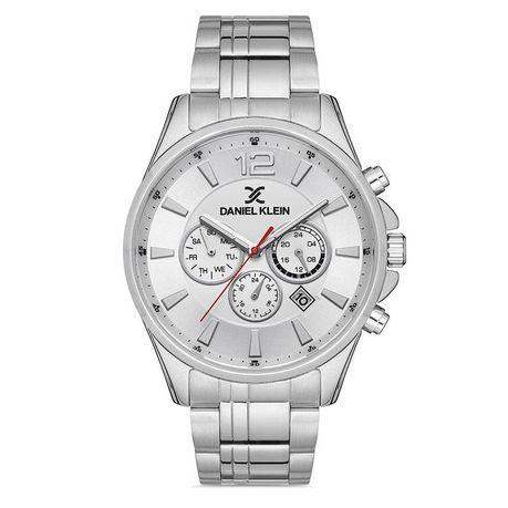Daniel Klein DK112839-1 multifunction chronograph watch with silver embossed dial, stainless steel case and bracelet, red chronograph hand