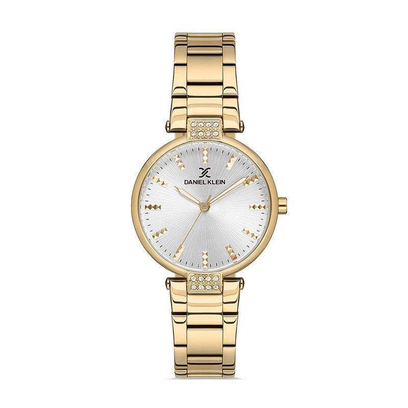 Daniel Klein Premium DK112921-2 women's watch with silver sunray dial, crystal accents on lugs, and gold-tone stainless steel link bracelet
