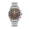 Police Defender PEWJK2227812 quartz chronograph watch with brown skeletonised dial, rose gold accents, and stainless steel bracelet on white background