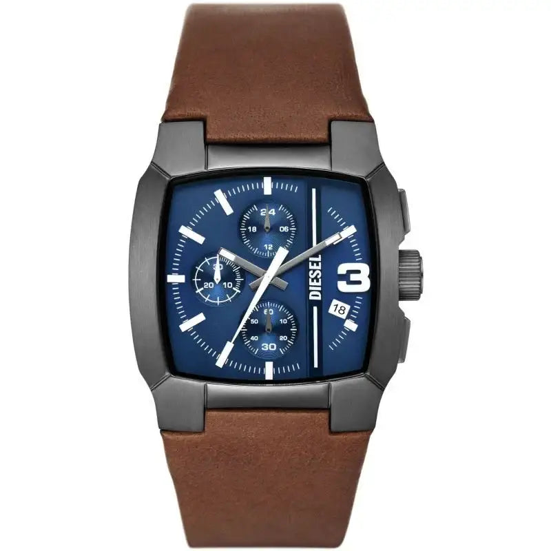 Diesel Cliffhanger DZ4641 men's chronograph watch with blue dial, gunmetal tonneau case, and brown leather strap