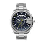 Diesel Mega Chief DZ4465 quartz chronograph watch with blue dial, 51mm stainless steel case, and three-link bracelet