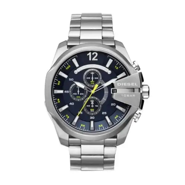 Diesel Mega Chief DZ4465 quartz chronograph watch with blue dial, 51mm stainless steel case, and three-link bracelet