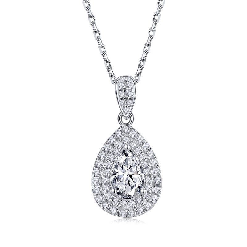 Sterling silver pear cut moissanite double halo pendant necklace on rope chain by Cassim & Co