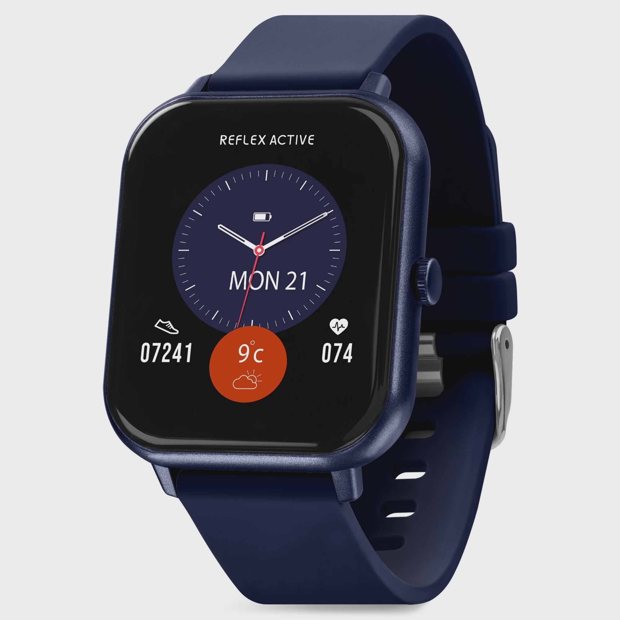 Reflex Active Series 23 Nexus 100 S square blue silicone smartwatch with AMOLED display showing fitness metrics and day-date complication