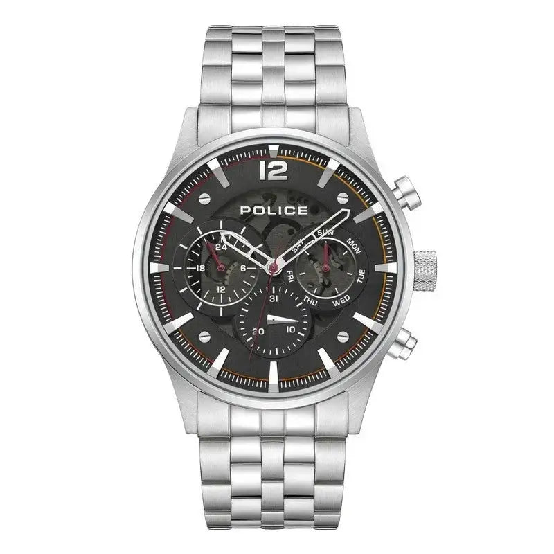 Police Driver II PEWGK0040205 quartz chronograph watch with anthracite skeletonised dial and stainless steel bracelet on white background