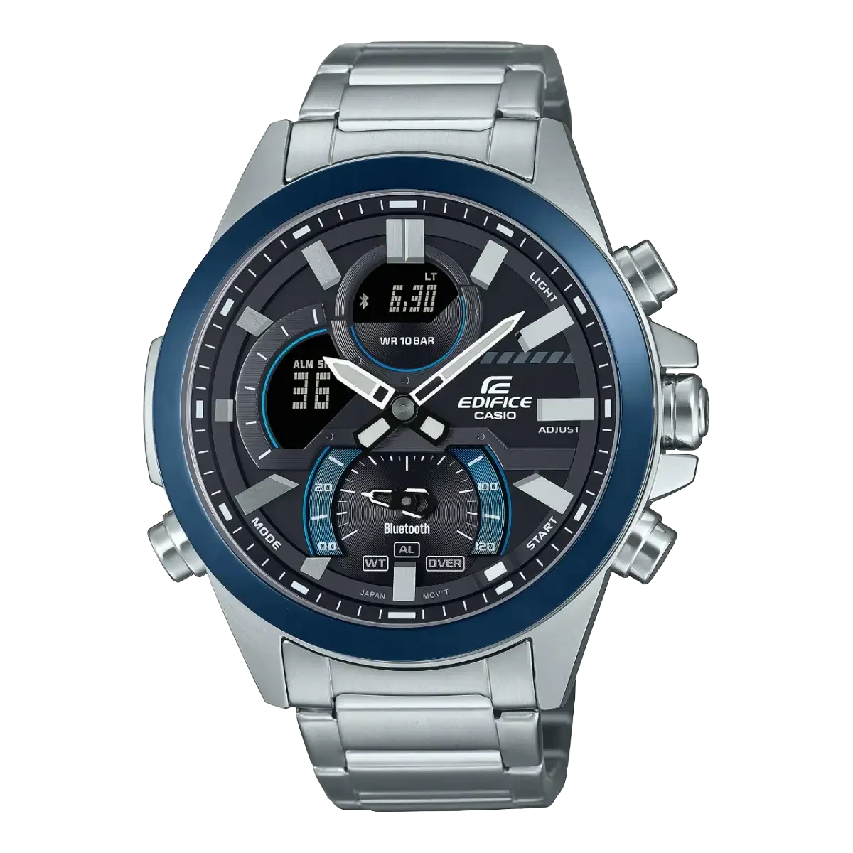 Casio Edifice ECB-30DB-1ADF Bluetooth chronograph watch with blue aluminium bezel, black multi-layer dial, and stainless steel bracelet