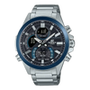 Casio Edifice ECB-30DB-1ADF Bluetooth chronograph watch with blue aluminium bezel, black multi-layer dial, and stainless steel bracelet
