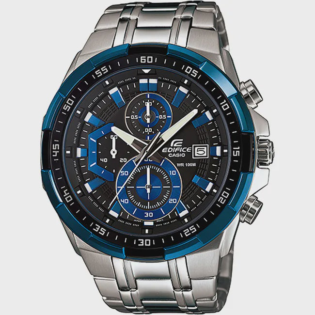 Casio Edifice EFR-539D-1A2VUDF quartz chronograph watch with blue aluminium bezel, black dial with blue accents, and stainless steel bracelet