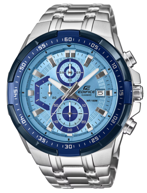 Casio Edifice EFR-539DE-2AVUDF quartz chronograph watch with light blue dial, blue aluminum bezel, and stainless steel bracelet
