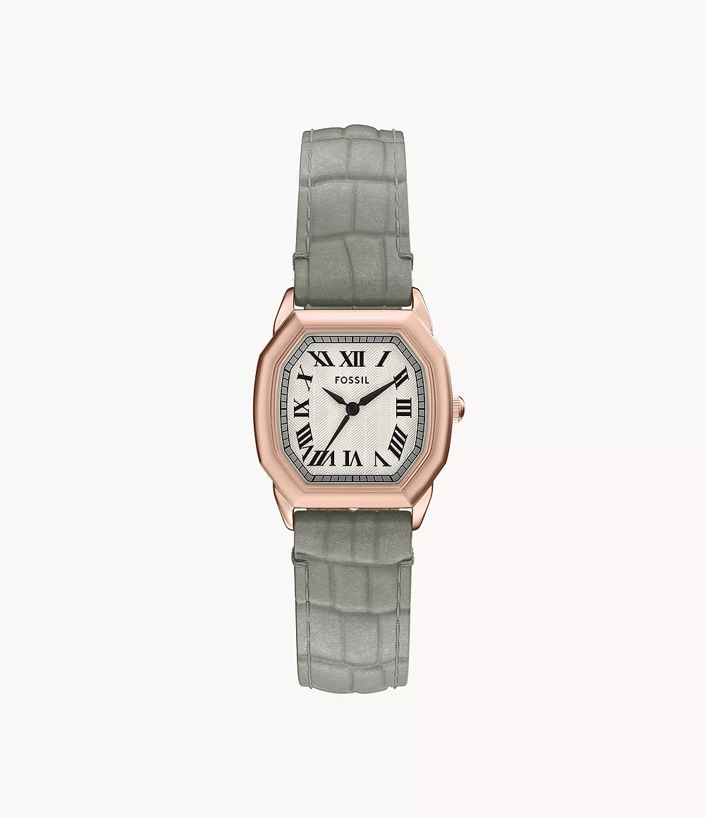 Fossil Harlow ES5435 quartz watch with rose gold cushion case, champagne Roman numeral dial and grey embossed croco leather strap