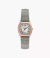 Fossil Harlow ES5435 quartz watch with rose gold cushion case, champagne Roman numeral dial and grey embossed croco leather strap