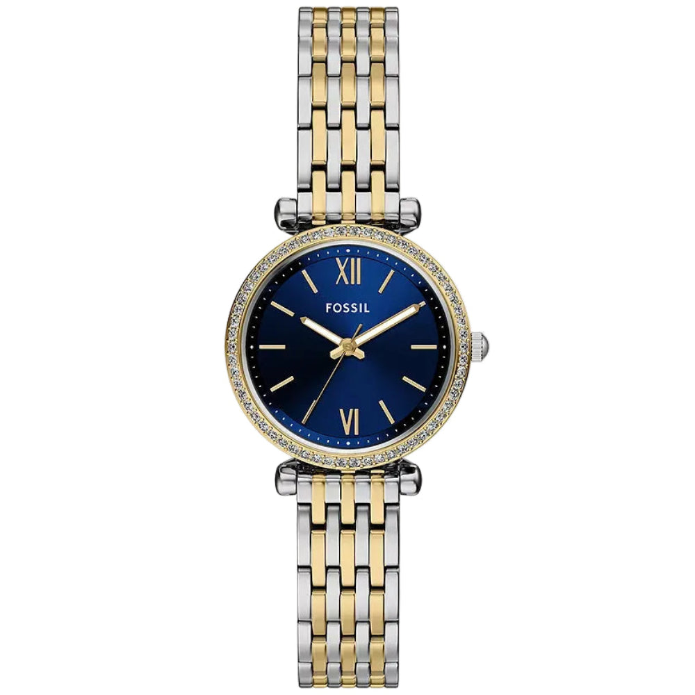Fossil Carlie Mini ES5438 quartz watch with blue sunray dial, pavé crystal-set bezel, and two-tone stainless steel bracelet on white background