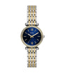 Fossil Carlie Mini ES5438 quartz watch with blue sunray dial, pavé crystal-set bezel, and two-tone stainless steel bracelet on white background
