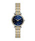 Fossil Carlie Mini ES5438 quartz watch with blue sunray dial, pavé crystal-set bezel, and two-tone stainless steel bracelet on white background