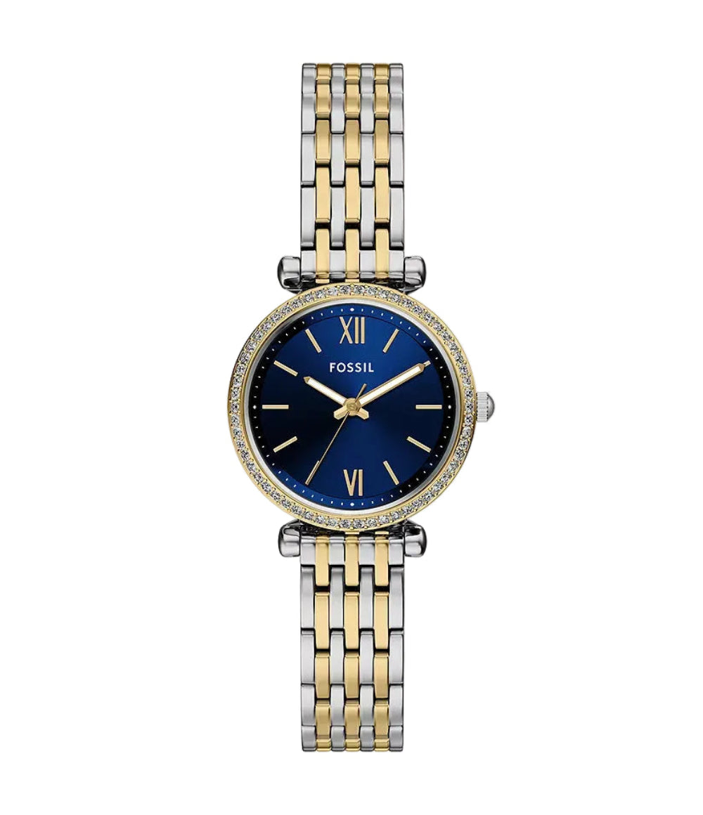 Fossil Carlie Mini ES5438 quartz watch with blue sunray dial, pavé crystal-set bezel, and two-tone stainless steel bracelet on white background