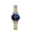 Fossil Carlie Mini ES5438 quartz watch with blue sunray dial, pavé crystal-set bezel, and two-tone stainless steel bracelet on white background
