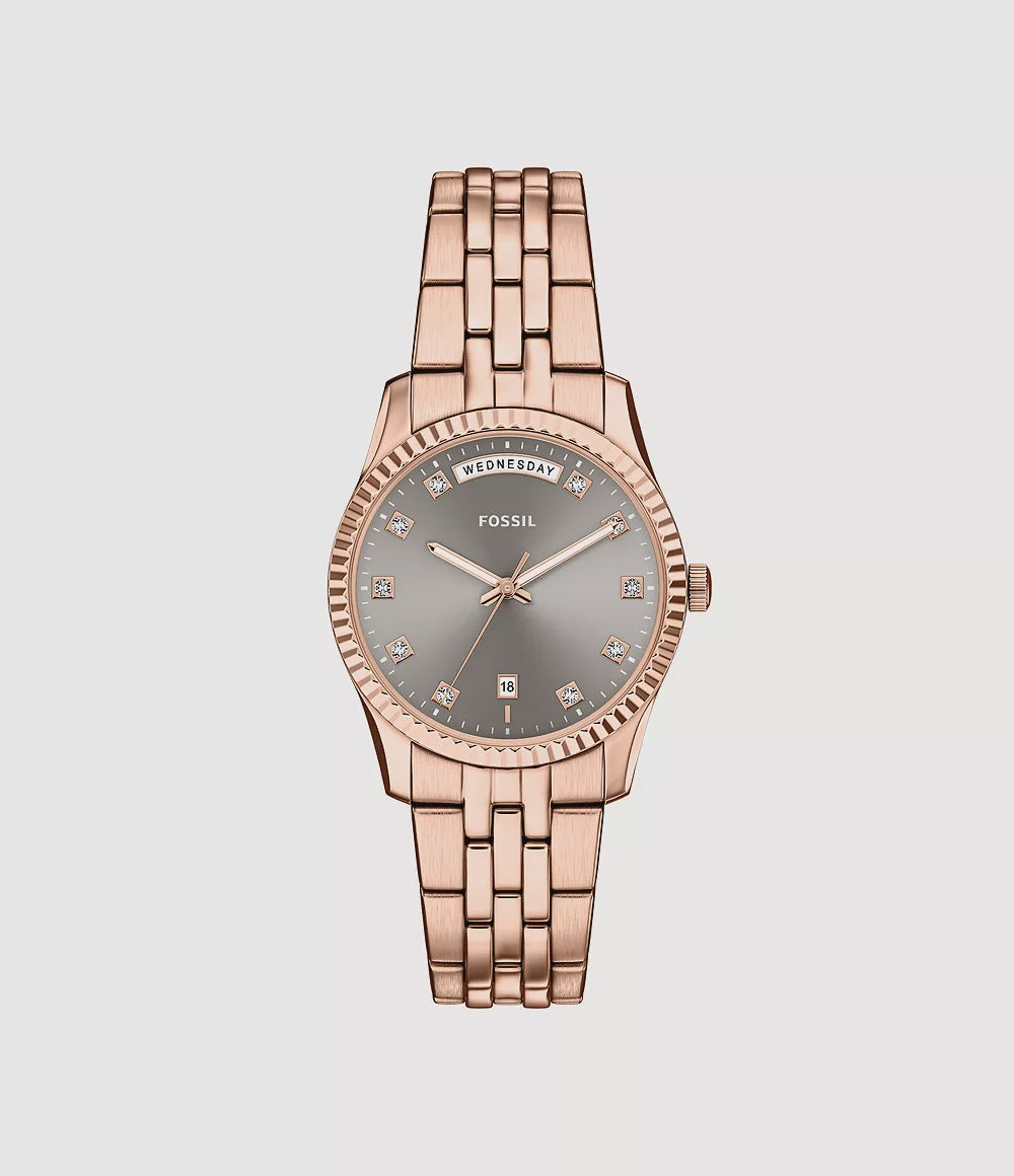 Fossil Scarlette ES5459 quartz watch with rose gold-tone stainless steel case and bracelet, grey dial with day-date display and crystal hour markers