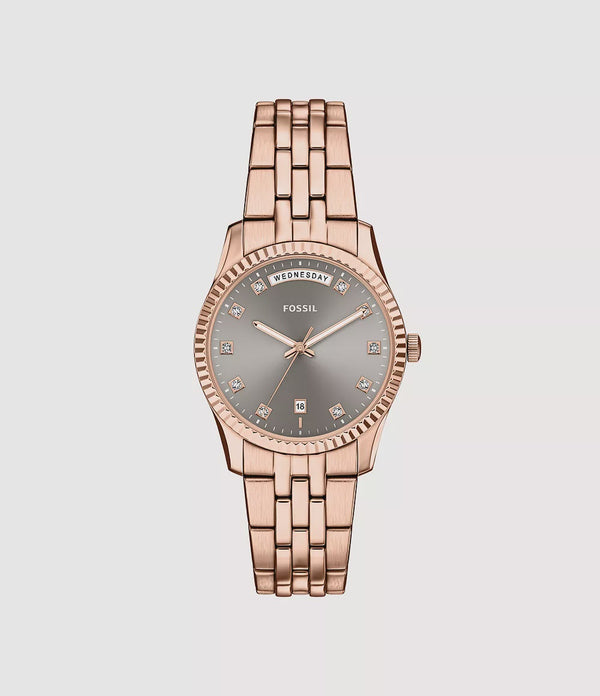 Fossil Scarlette ES5459 quartz watch with rose gold-tone stainless steel case and bracelet, grey dial with day-date display and crystal hour markers
