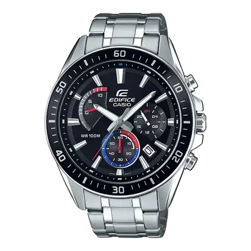 Casio Edifice EFR-552D-1A3VUDF quartz chronograph watch with black dial, blue and red accents, stainless steel case and bracelet, tachymeter bezel