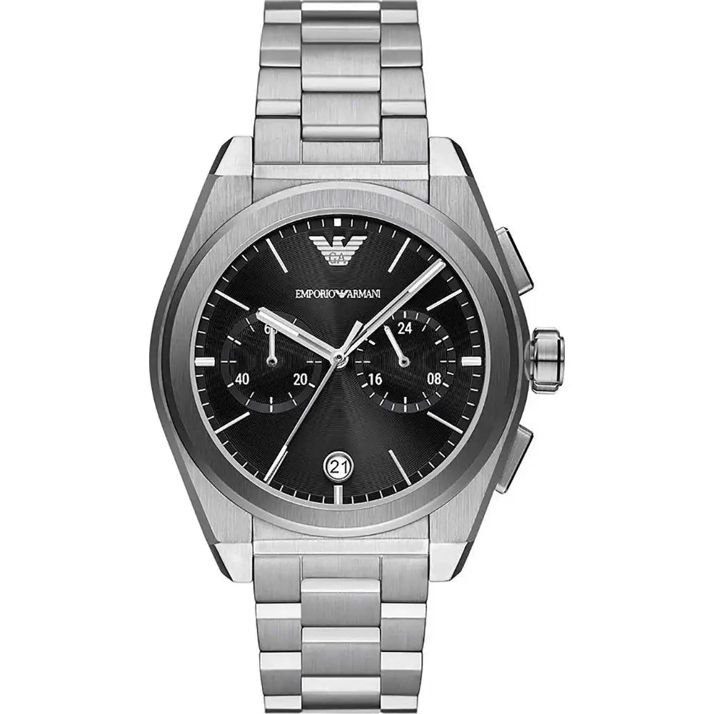 Emporio Armani AR11560 Federico chronograph watch with black dial and stainless steel bracelet on white background