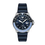 Emporio Armani AR11592 GMT dual time quartz watch with blue dial, stainless steel case, bi-colour rotating bezel and blue silicone strap