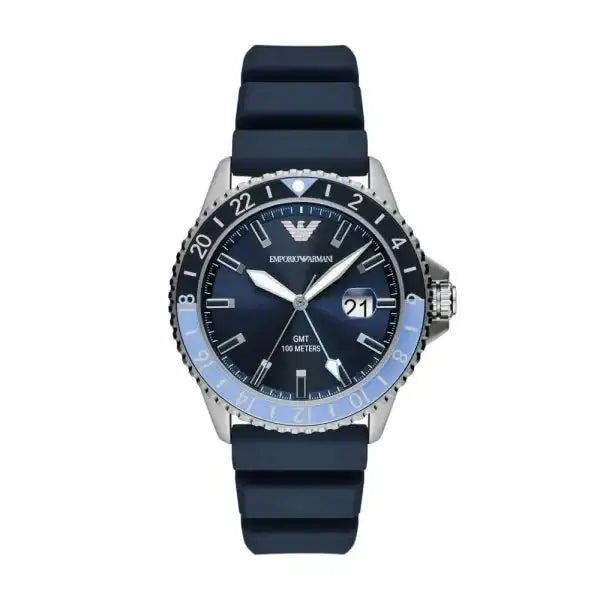 Emporio Armani AR11592 GMT dual time quartz watch with blue dial, stainless steel case, bi-colour rotating bezel and blue silicone strap