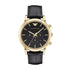 Emporio Armani Luigi AR1917 quartz chronograph watch with 46mm gold-tone stainless steel case, black dial with three sub-dials, and croco-embossed black leather strap