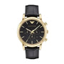 Emporio Armani Luigi AR1917 quartz chronograph watch with 46mm gold-tone stainless steel case, black dial with three sub-dials, and croco-embossed black leather strap