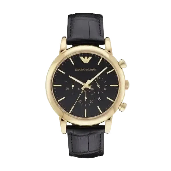 Emporio Armani Luigi AR1917 quartz chronograph watch with 46mm gold-tone stainless steel case, black dial with three sub-dials, and croco-embossed black leather strap