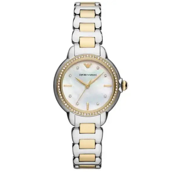 Emporio Armani Mia AR11524 women's quartz watch with mother-of-pearl dial, crystal bezel, and two-tone stainless steel bracelet
