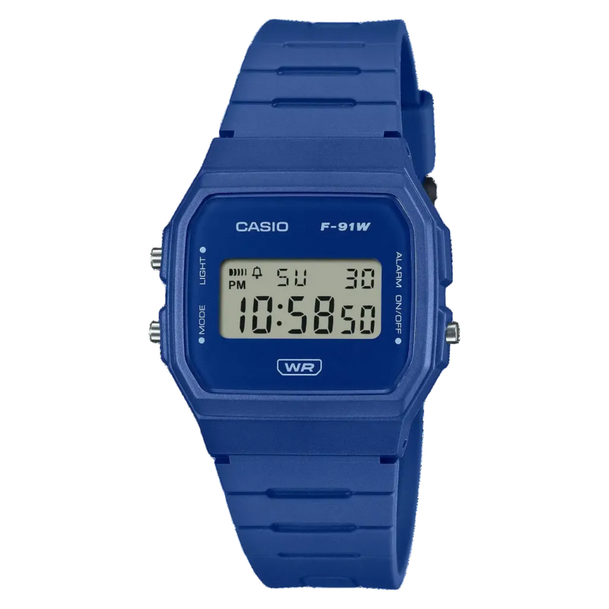 Casio F-91WB-2A1DF digital watch front view with blue dial and LCD