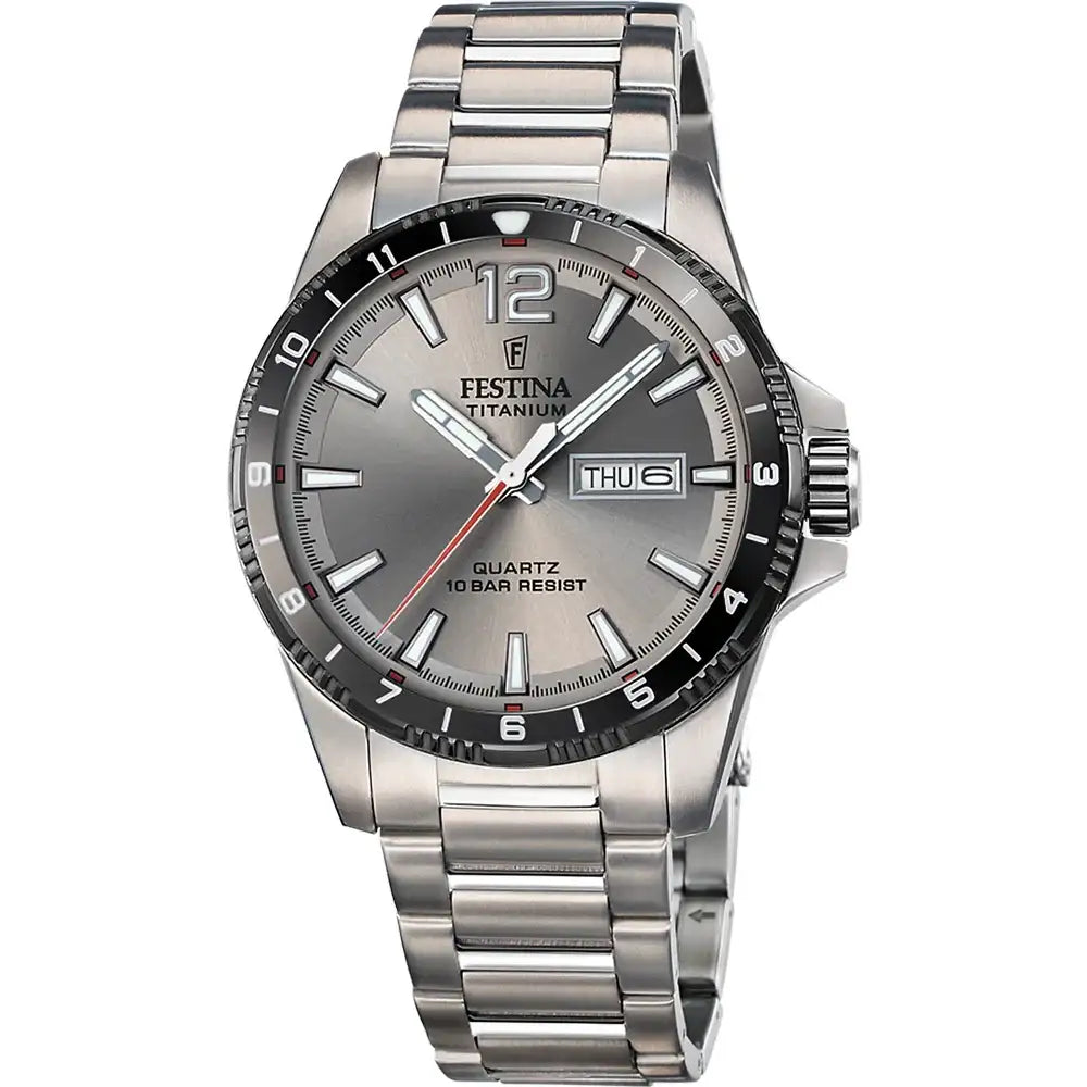 Festina Titanium F20698/1 quartz watch with grey dial, titanium bracelet, black bezel, and day-date display