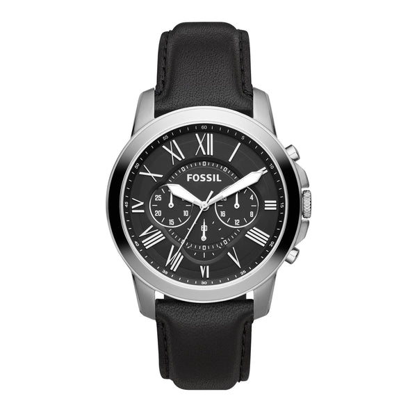 Fossil Grant Chronograph Quartz Black Dial Stainless Steel Leather Strap Watch 44mm (FS4812)