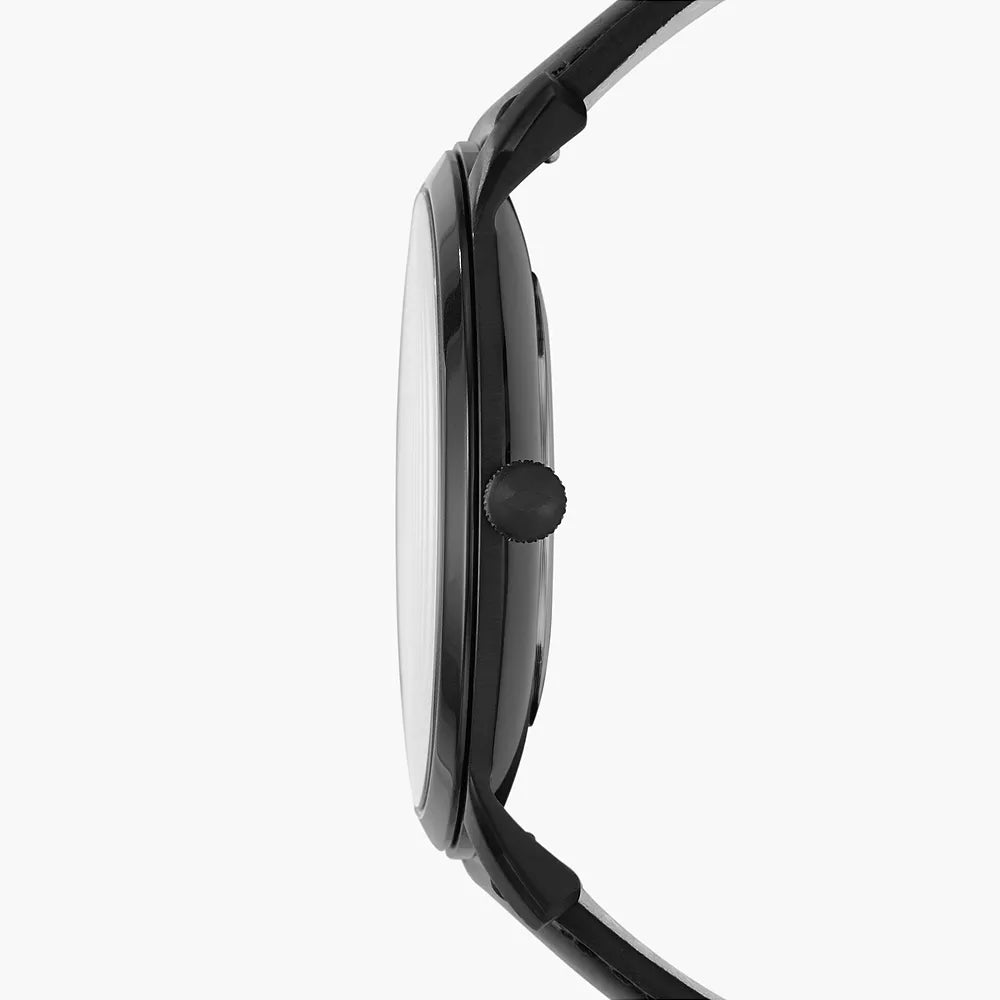 Close view of black dial with applied indices and small seconds at 6 o'clock