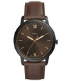Fossil Minimalist FS5551 quartz watch with 44mm black ion-plated round case, brown gradient dial with rose gold-toned indices, and brown leather strap