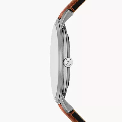 Round 44mm stainless steel case of Fossil Minimalist watch, angled view