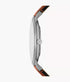 Round 44mm stainless steel case of Fossil Minimalist watch, angled view
